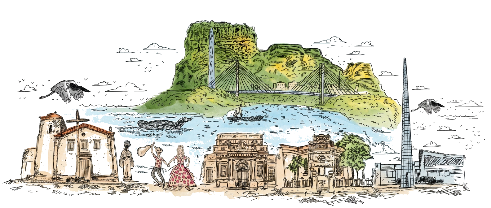 Ilustração da Baixada Cuiabana com Chapada, Pantanal e patrimônio histórico