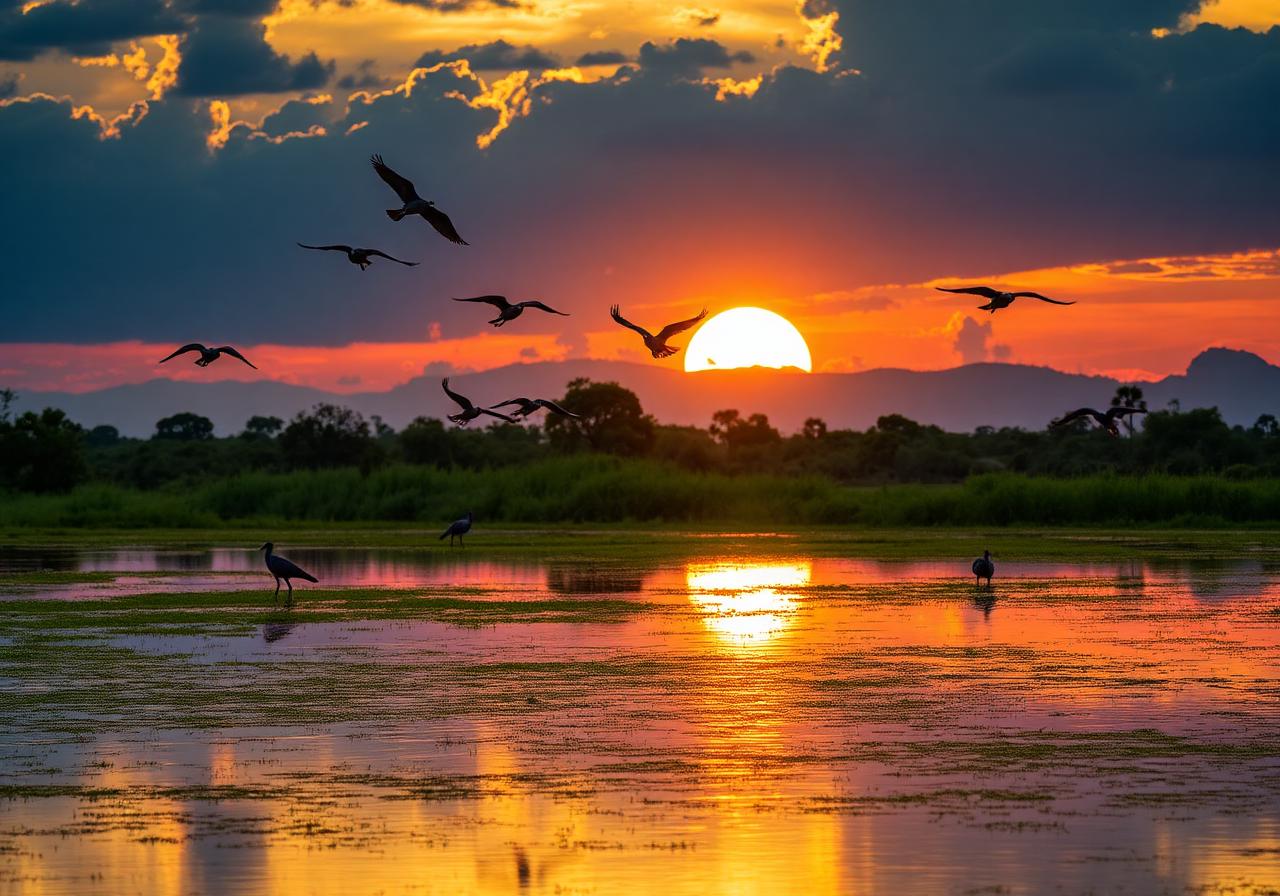 Pôr do sol no Pantanal Mato-grossense com aves voando